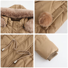 Women Detachable Hat Wool Warm Parka Mid Length Coat