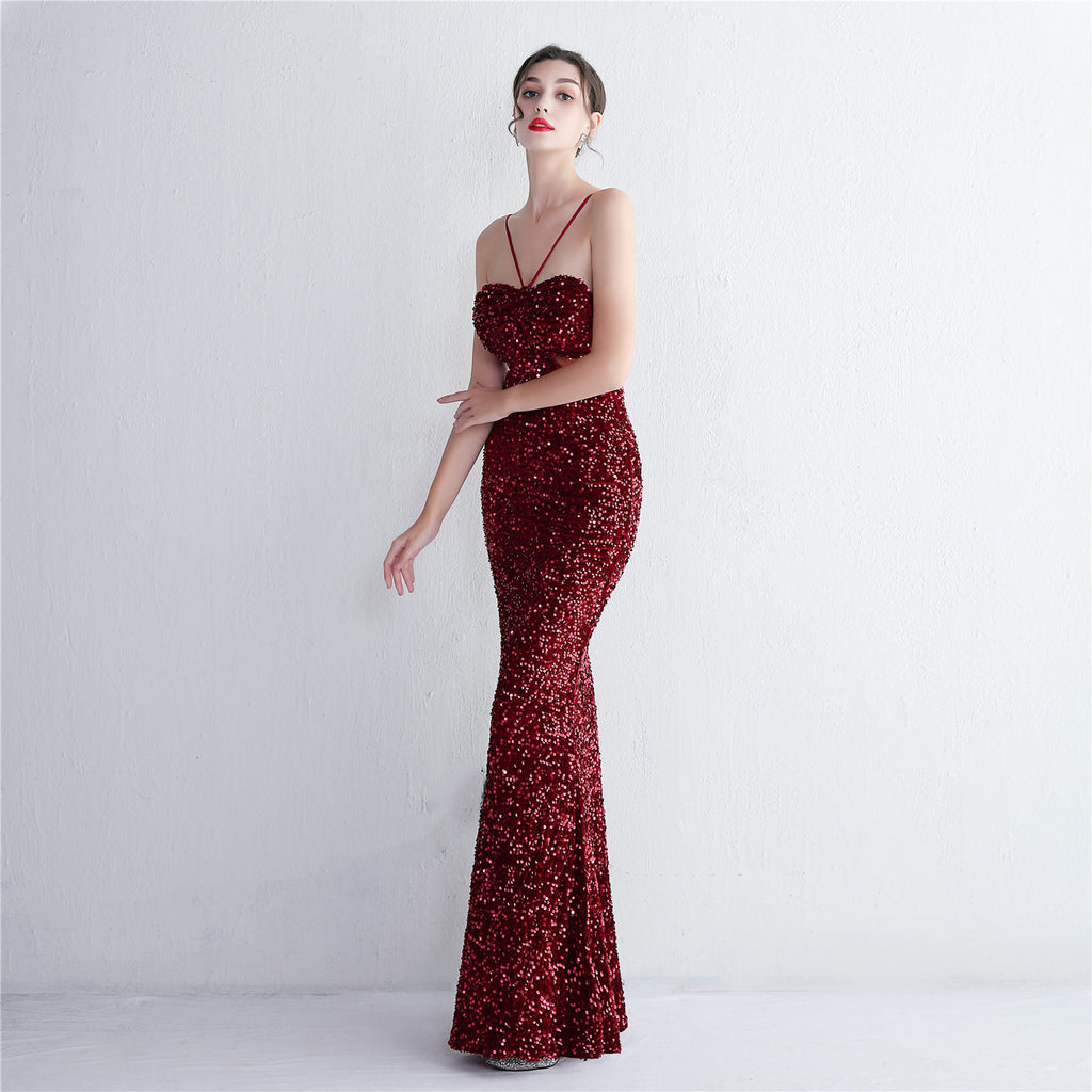 REVCHIC LUXE Elegant Halter Sequin Ruched Maxi Gown