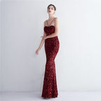 REVCHIC LUXE Elegant Halter Sequin Ruched Maxi Gown