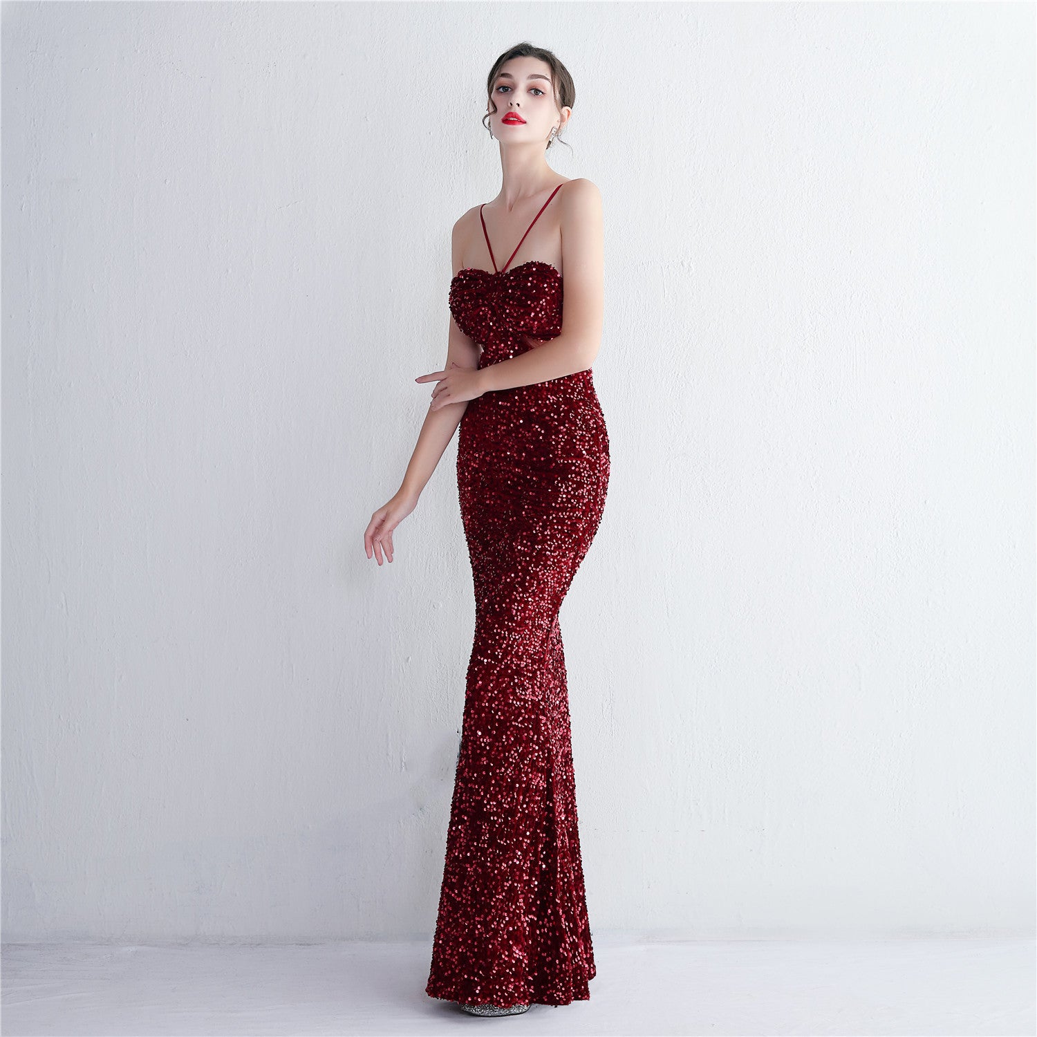 REVCHIC LUXE Elegant Halter Sequin Ruched Maxi Gown