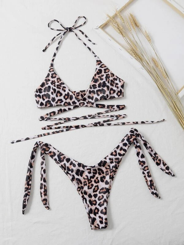 Sexy Leopard Print Lace Up Split Swimsuit