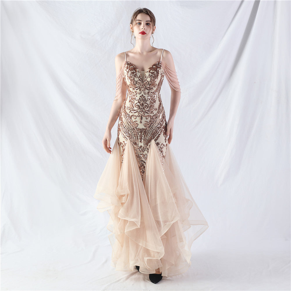 Elegant Beaded Floral Sequin Mesh Formal Dress