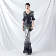 Elegant Feather Gradient Sequin Long Sleeve Evening Dress