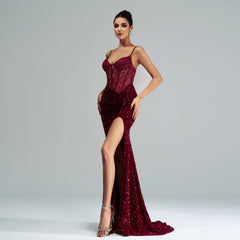 Elegant Cutout Boning Sequined Evening Dress