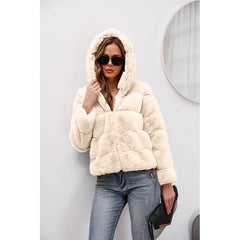 Short Solid Color Loose Hooded Faux Fur Coat