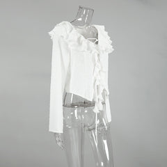 Ruffled White Crepe Casual Long Sleeve Blouse