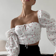 French Square Collar Bubble Long Sleeve Knotted Short Floral Top