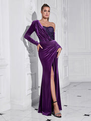 One Shoulder Long Sleeve Purple Sequined Slit Evening Dress