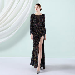 Elegant Long Sleeve Sequined Fishtail Evening Dress