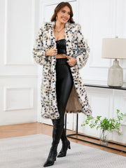 Leopard Print Hooded Fur Long Sleeve Mid Length Warm Coat