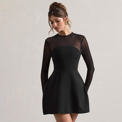 Women Mesh Stitching Black Short Day Dress