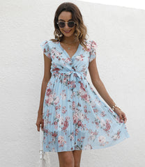 V neck Waist Lace up Printing Vacation Dress