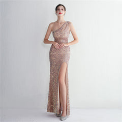 Elegant Sequin Beaded Shoulder Slim Fit Formal Dress