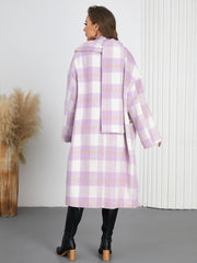 Women Plaid Woolen Elegant Double-Breasted Scarf Coat