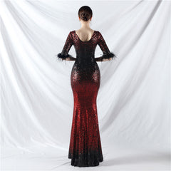 Elegant Feather Gradient Sequin Long Sleeve Evening Dress