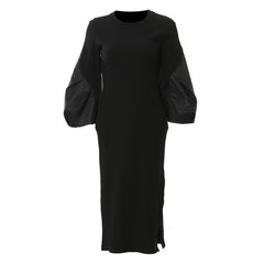 Contrast Color Puff Sleeves Slim Knit Party Dress