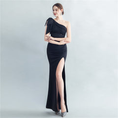 Lace Beaded One Shoulder Roman Collar Side Slit Evening Dress