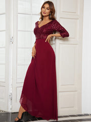 Women Chiffon Double V Neck Sequin Evening Dress