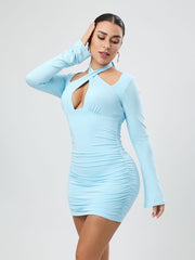 Sexy Long Sleeve Halter Short Party Dress