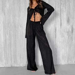 Knitted Tied Lotus Leaf Cropped Top Pajamas Two-Piece Sets