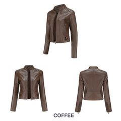 Women Rivets Leather Short Thin Stand Collar Jacket