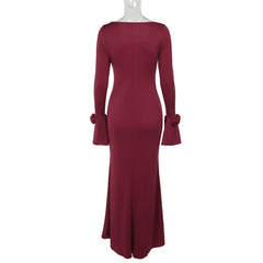 Elegant Round Neck Rose Decorative Long Sleeve Formal Dress