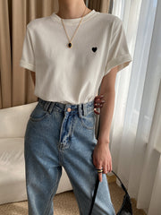 Heart Embroidered Shoulder Casual Short Sleeved T Shirt