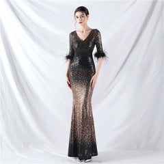 Elegant Feather Gradient Sequin Long Sleeve Evening Dress