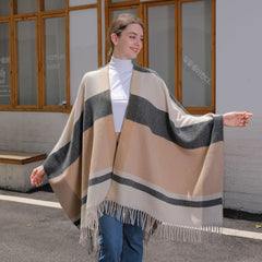 Women's Plaid Jacquard Scarf Cloak Tassel Split Shawl