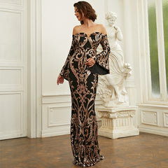 Long Sleeves Graphic Sequined Evening Dress