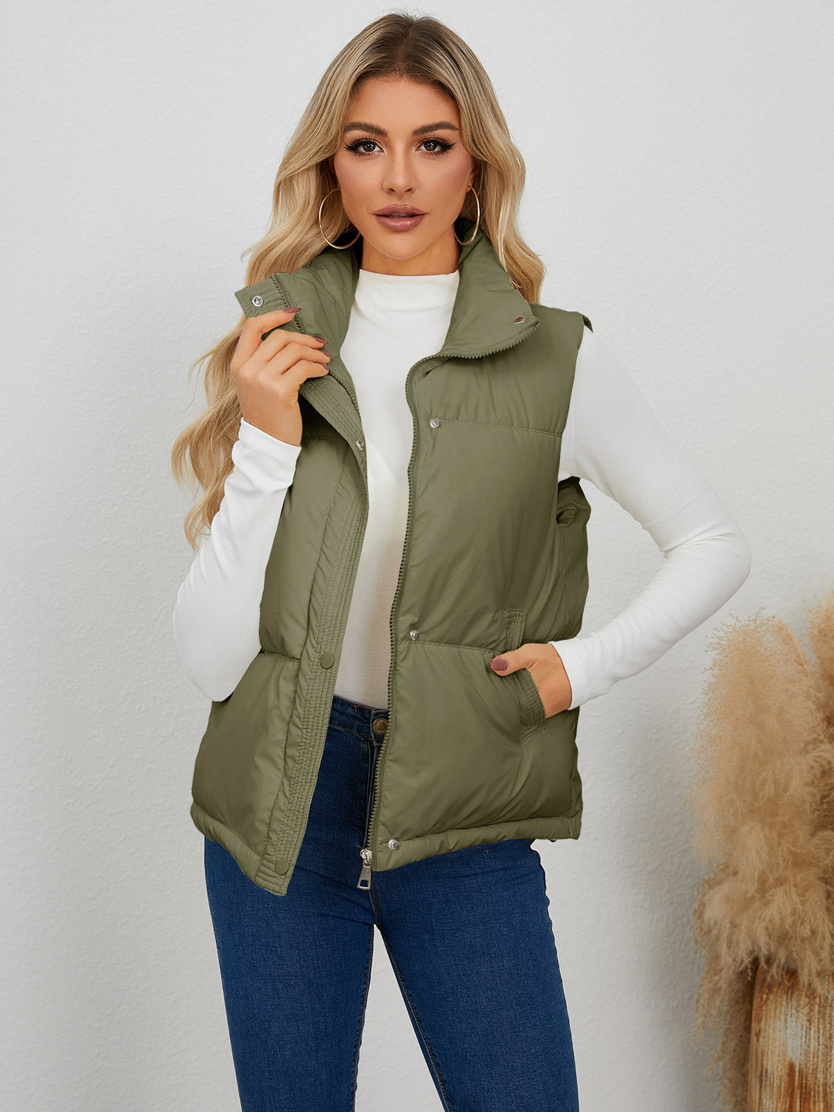 Women Autumn Winter Short Quilted Stand Collar Vest