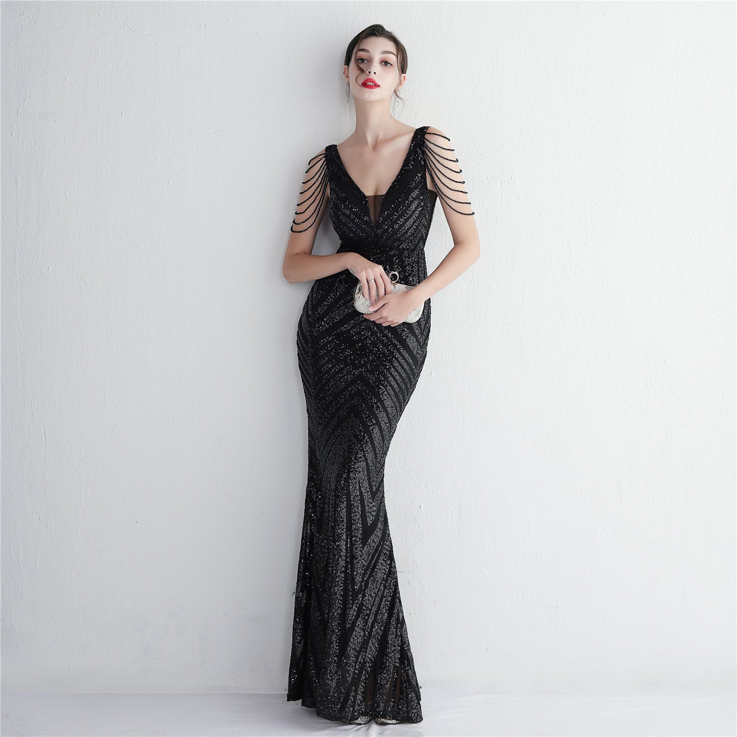 REVCHIC LUXE Elegant V-Neck Sequin Fringe Maxi Gown Main image