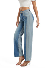 Women Mid Waist Straight Contrast Color Jeans