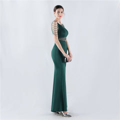 Elegant Embroidery Drilling Sheer Mesh Satin Evening Dress