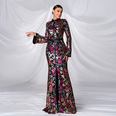 Long Sleeved Sequined Fishtail Evening Dress