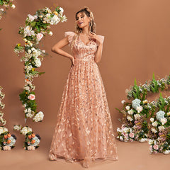 Women Flutter Sleeve Embroidery Evening Dress