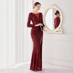 Elegant Long Sleeve Sequined Fishtail Evening Dress