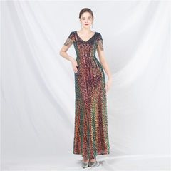 Elegant Craft Beaded Sequined Long A line Evening Dress