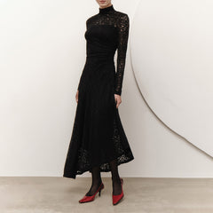 Women Lace Stitching Pleated Long Sleeve Dress