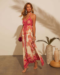 Women Printed Sexy Suspenders Midi Boho Dress