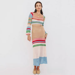 Women Colorful Contrast Color Long-Sleeved Knitted Dress