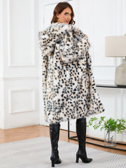 Leopard Print Hooded Fur Long Sleeve Mid Length Warm Coat