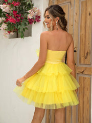 Elegant Tube Top Mesh Ruffle Party Dress