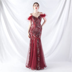 Craft Order Ostrich Hair Sequin Stitching Mesh High End Evening Dress