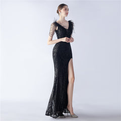 Elegant Feather Beaded Long Sequined Evening Dress