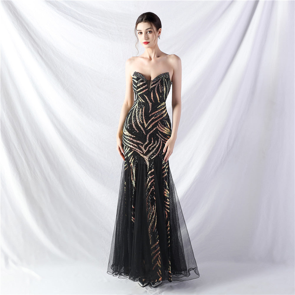 Beaded Stitching Mesh Sequined Evening Dress