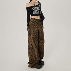 Retro Loose Leopard Print Wide Leg Jeans