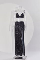 Sexy Sequined High Slit Skirt Set