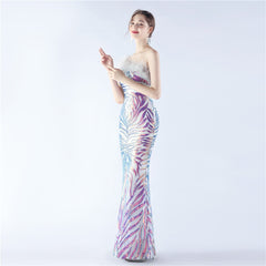 Elegant Floral Sequin Feather One Shoulder Evening Dress