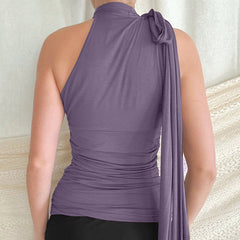 French Scarf Peplum Solid Color Pleated Sleeveless Top